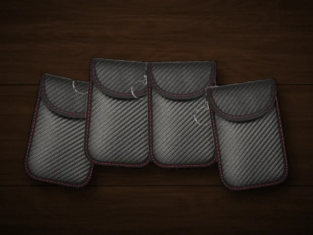 Lot de 4 pochettes anti-relais noires effet carbone avec anneau porte-clés
