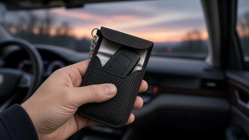 Main glissant une clé de voiture dans la pochette anti-relais, dans une voiture au coucher du soleil